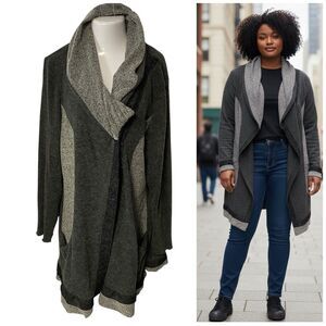 The Pyramid Collection Sweater Womens 3XL Gray Black Cardigan Lagenlook Boho